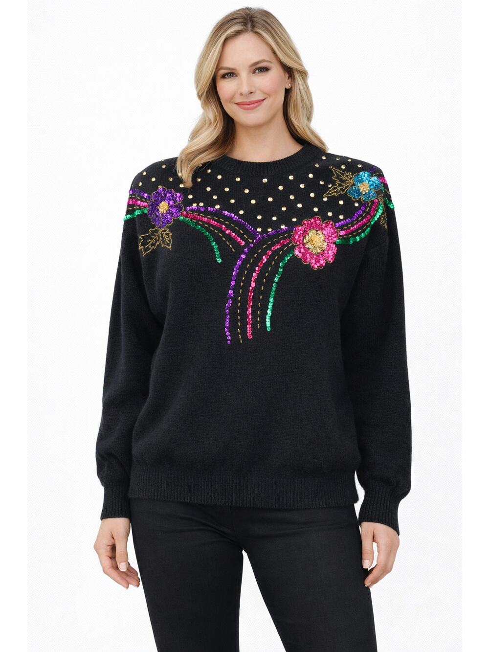 In Charge Vintage Sequin Beaded Flower Black Sweater Pullover. Womens Size Med